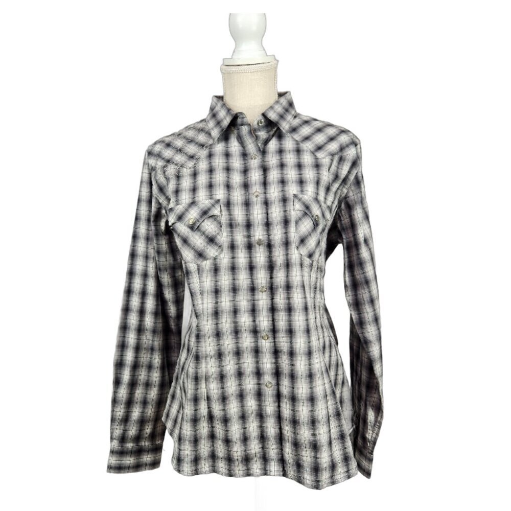 Panhandle Rough Stock Pearl Snap Western Shirt Women L Black White Plaid